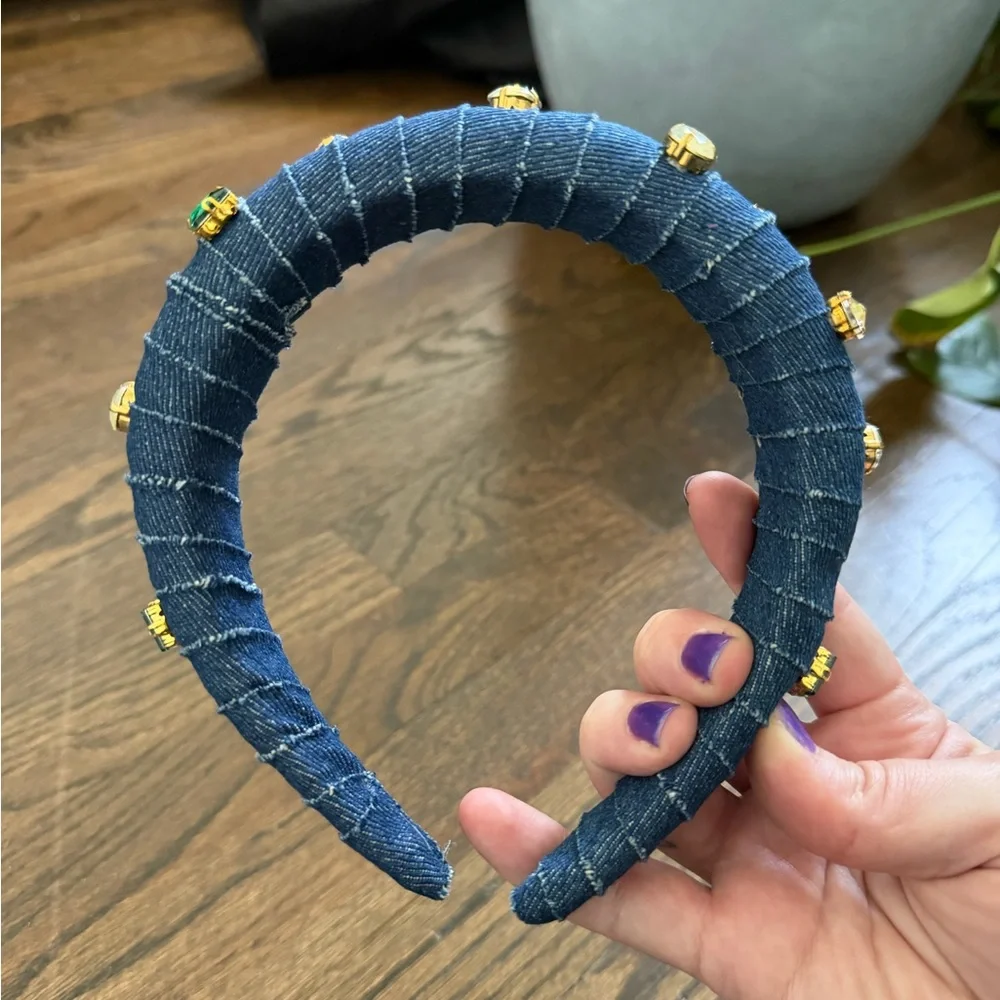 Denim Jewel Embellished Padded Headband - Blue - Picture 1 of 5